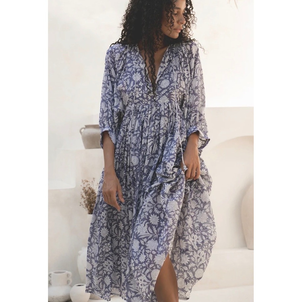 Daughters of India Kyra Midi Dress S 100% Cotton Popover in Blue Iris Boho